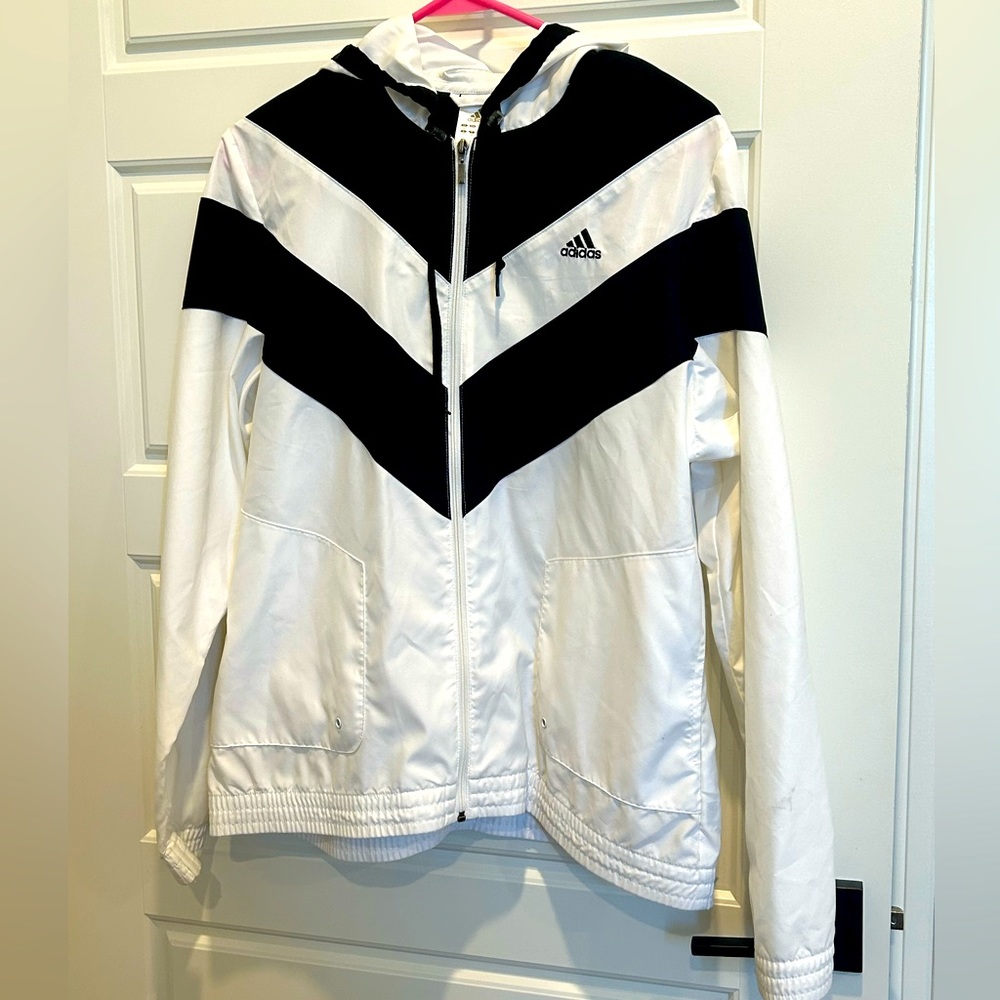 Black & White Adidas Hooded Zip Windbreaker Jacket Size Large